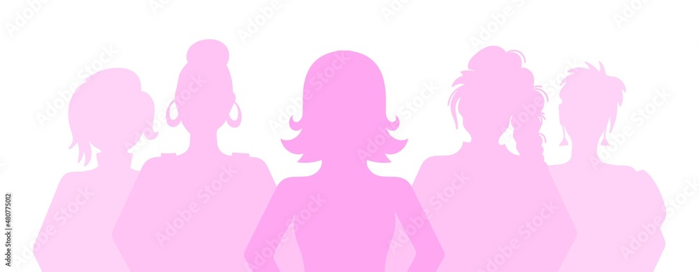 Silhouette group of multiethnic women who talk and share ideas and information.The struggle for rights, independence, equality.Communication friendship girls of diverse cultures.Women's Day 8 march - obrazy, fototapety, plakaty 