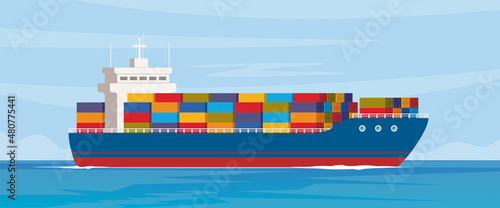 Cargo ship with containers in the ocean. Delivery, transportation, shipping freight transportation. Logistics concept vector illustration.