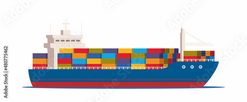 Cargo ship with containers in the ocean. Delivery, transportation, shipping freight transportation. Logistics concept vector illustration.