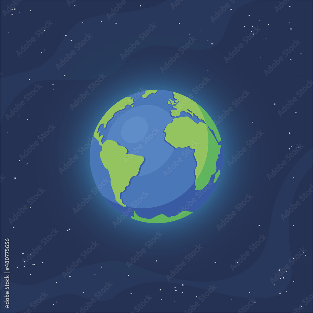 Cosmic Earth view. Eath Planet in Space with Lights. Realistic Universe. Cosmos Background. Vector illustration.