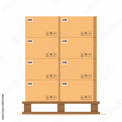 Boxes pallet. Beige cardboard closed box stack with fragile sign on wooden pallets, packaging cargo storage, industry shipment, shipping goods. Vector illustration.