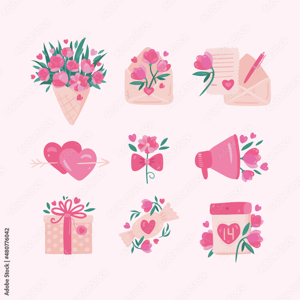 valentine's day hand drawing set. bouquet, gifts and love letter vector illustration. romantic sticker set. Saint Valentine's day big vector set.