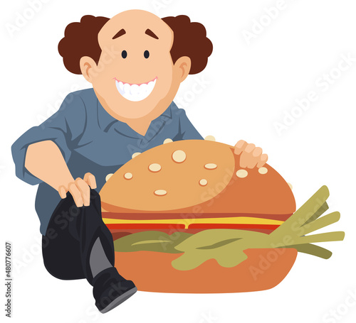 Funny man with huge hamburger. Illustration for internet and mobile website.
