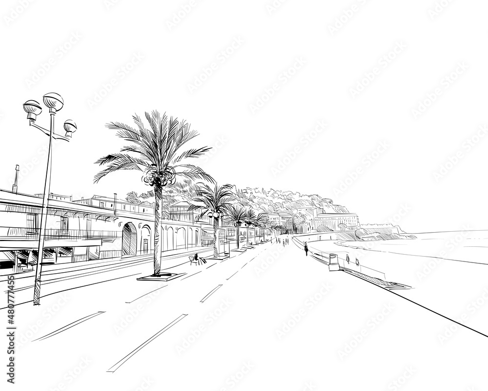 © romanya - France. Nice. Promenade des Anglais. Hand drawn sketch. Vector illustration.