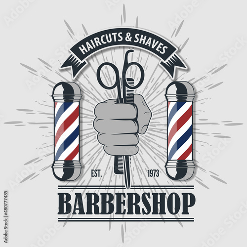 Barbershop logo, poster or banner design concept barber pole and hand holding hairdressing scissors and comb