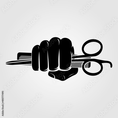 Hand holding hairdressing scissors and comb. Vector illustration.