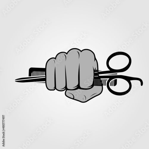 Barbershop logo, poster or banner design concept with hand holding hairdressing scissors and comb. Vector illustration