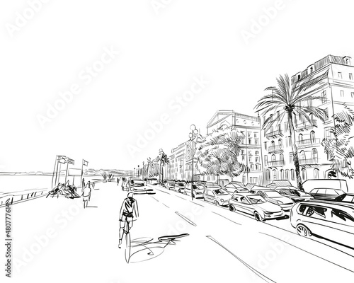 France. Nice. Promenade des Anglais. Hand drawn sketch. Vector illustration. 