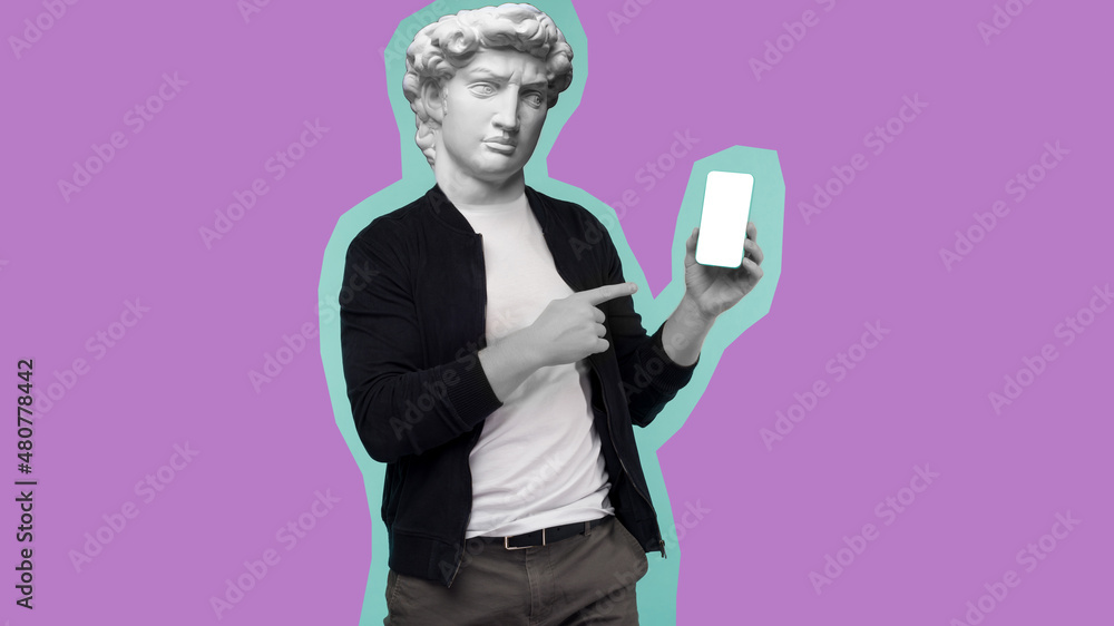Abstract modern collage. The man with the plaster head of David shows a finger on the smartphone screen on a pink background.