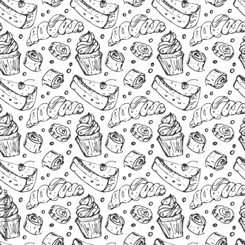 Sweet bakery, cakes seamless pattern. Hand drawn ink brush design, doodle sketchy outline style elements. Dark grey contours. White easy editable color background. Vector