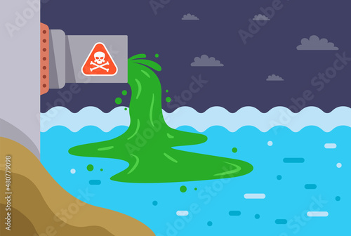 pipe pours polluted water into the river. waste from the plant is poured into the water. flat vector illustration.