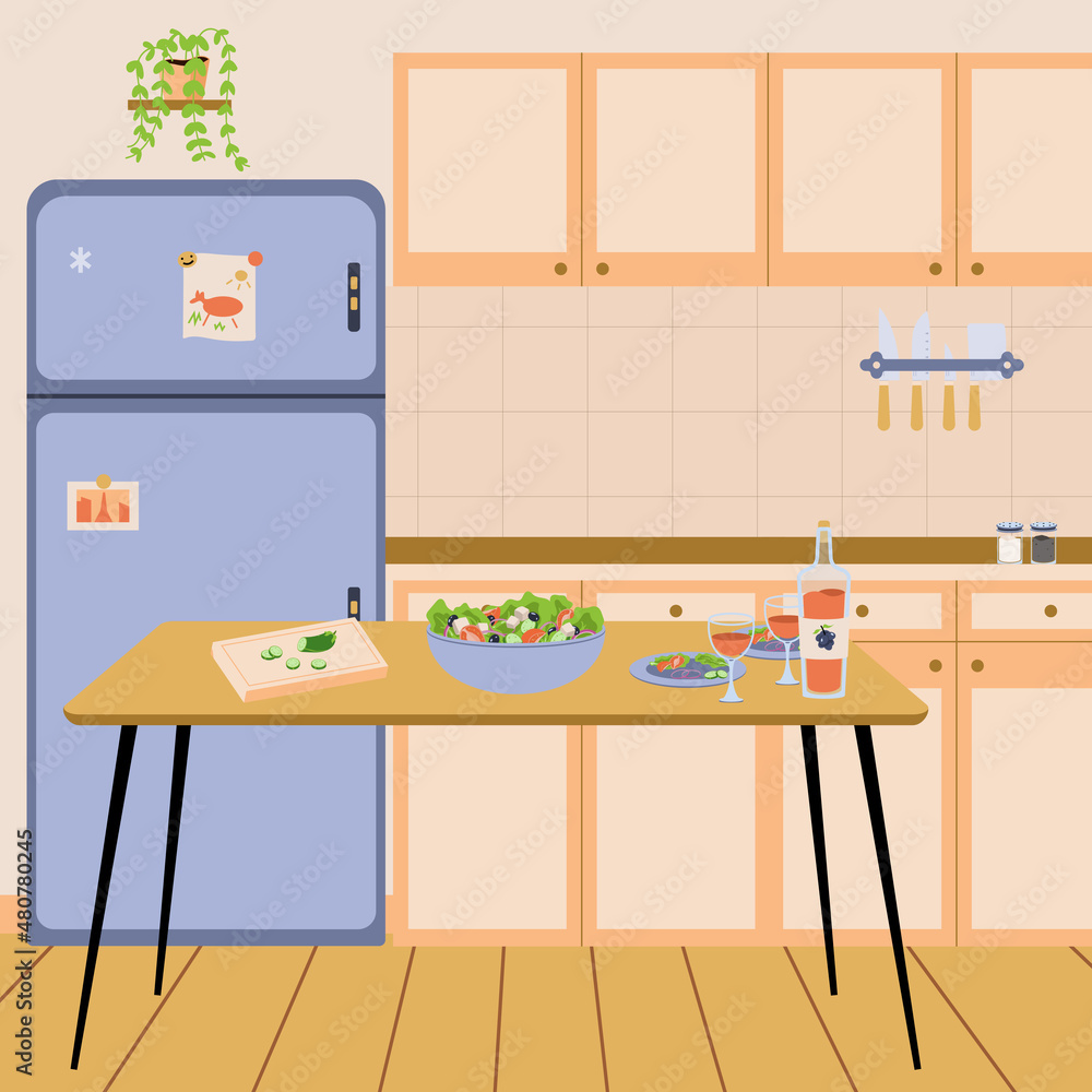 Cozy kitchen interior with furniture. Dining Room design in pastel colours with wooden furniture. Indoor home decor. Modern kitchen interior design in flat vector style. Cozy kitchen interior with furniture. Dining Room design in pastel colours with wooden furniture. Indoor home decor. Modern kitchen interior design in flat vector style.