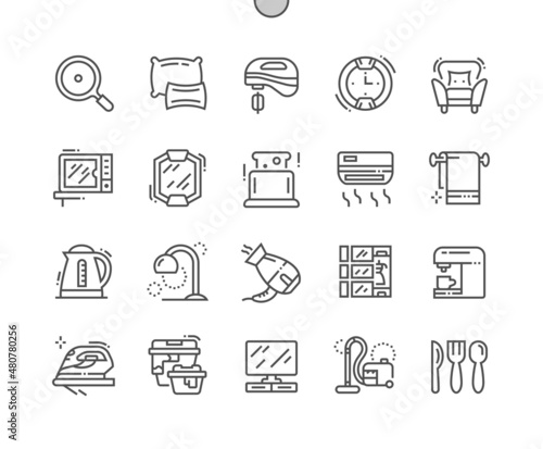 Homeware. Appliances. Air conditioner, microwave, wall mirror, toaster and other. Coffee machine. Pixel Perfect Vector Thin Line Icons. Simple Minimal Pictogram