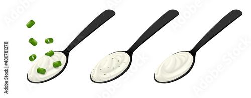 Black spoon with sour cream, herbs and green onions isolated on white background. Side view. Realistic vector illustration.