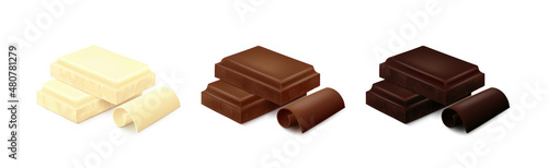 Two pieces of chocolate bar - white, milk and dark with curls isolated on white background. Side view. Realistic vector illustration. 