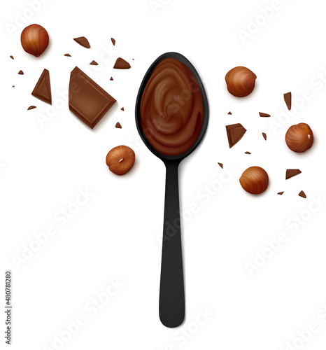 Black spoon of hazelnut cocoa spread, scattered filbert kernels, chocolate pieces and chunks isolated on white background. Top view. Realistic vector illustration.