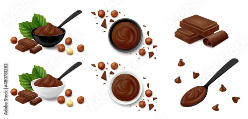 Hazelnut cocoa spread in black or white bowl, filbert kernels, hazel leaves, chocolate pieces, chips and chunks, two blocks of bar with curl, paste in spoon. Realistic vector illustration.