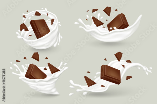 Milk splashes with chocolate pieces and chunks on gray background. Realistic vector illustration. photo