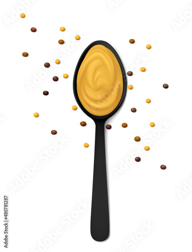 Black spoon with mustard sauce and scattered seeds of various colors (yellow, black and brown) isolated on white background. Top view. Realistic vector illustration.