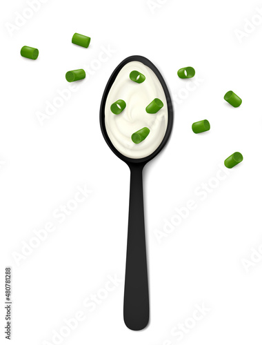 Black spoon with sour cream and chopped green onion (chives) isolated on white background. Top view. Realistic vector illustration.