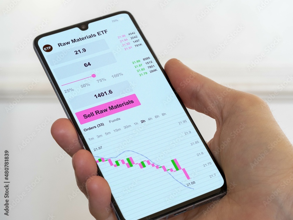 Stock exchange market chart, Stock market data on smartphone. Business analysis of an raw materials ETF Stock exchange market chart, Stock market data on smartphone. Business analysis of an raw materials ETF