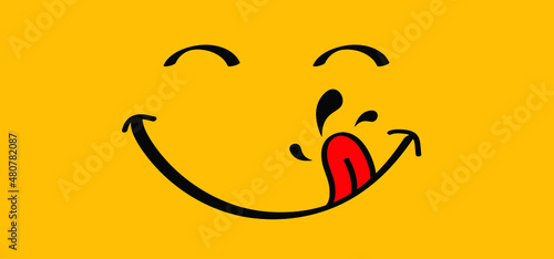 Cartoon yummy smile with tongue and lick. Food  logo. Funny vector laugh comic sign or icon. Delicious, tasty eating  and licking lips icon