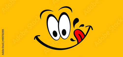 Cartoon yummy smile with tongue and lick. Food  logo. Funny vector laugh comic sign or icon. Delicious, tasty eating  and licking lips icon