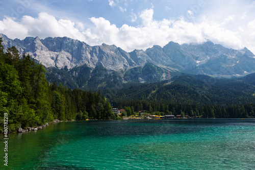 mountain spring landscape, beautiful alps and lake