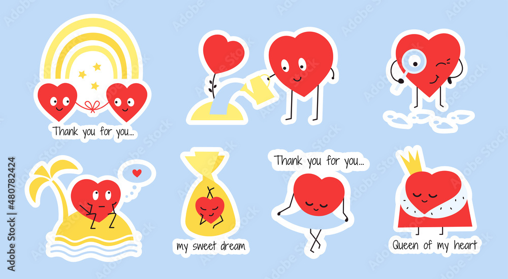 Romantic stickers with red happy hearts. Vector sticker sheet for Valentines day with cute heart characters. Love and friendship. Perfect match. Couple in love. Two hearts. Find your love, soulmate