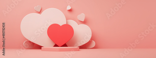 podium for products with hearts, Valentine's Day concept, 3D rendering, panoramic mock-up