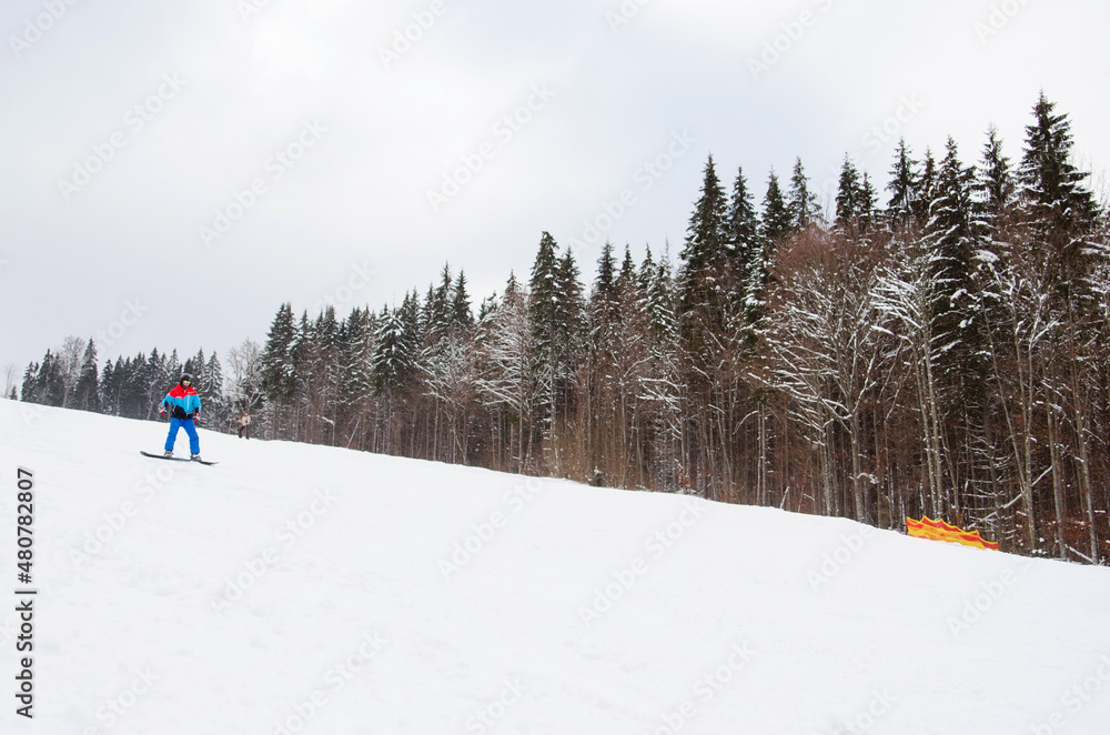 A male snowboarder descends the track next to a snowy forest. ski resort. Winter sport