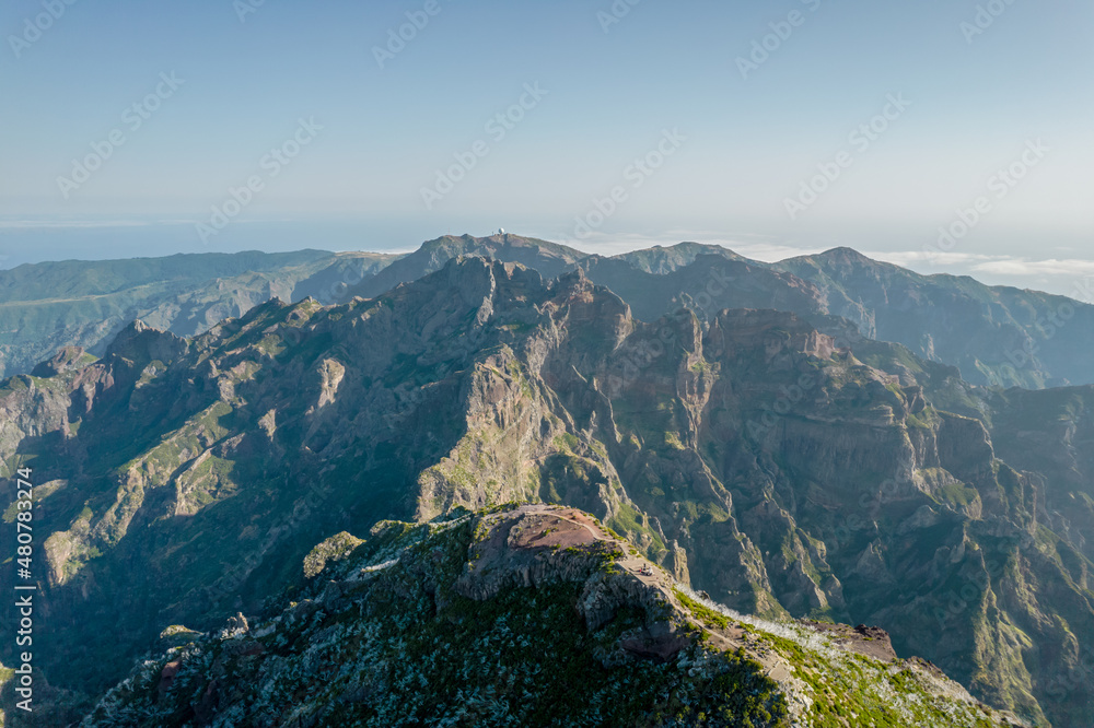 Aerial view of the peak of the Pico Ruivo - highest mountain in Madeira islands in the evening