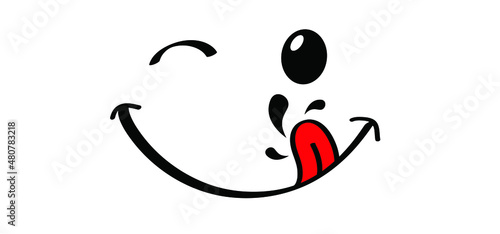 Cartoon yummy smile face with tongue and lick. Food  logo. Funny vector laugh comic sign or icon. Delicious, tasty eating  and licking lips icon