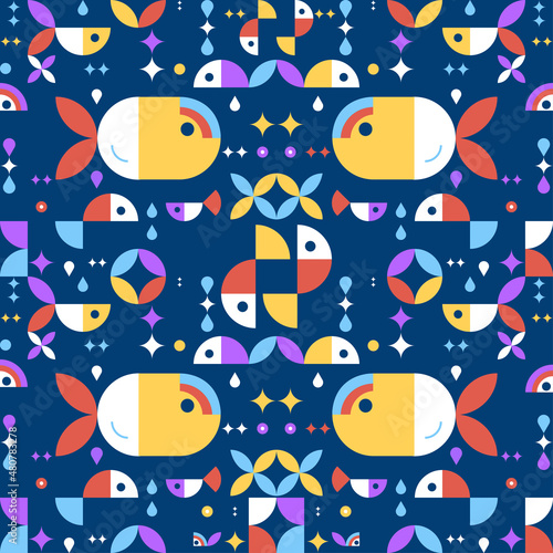 Aquarium. Seamless geometric pattern with bright fishes on a blue background. Great for modern style home decor, accessories, clothes and bags.