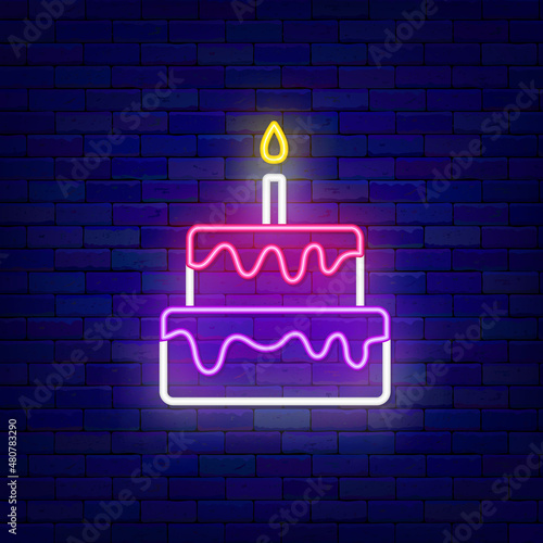 Tiered cake neon icon. Happy Birthday tasty item. Outer glowing effect emblem. Vector stock illustration