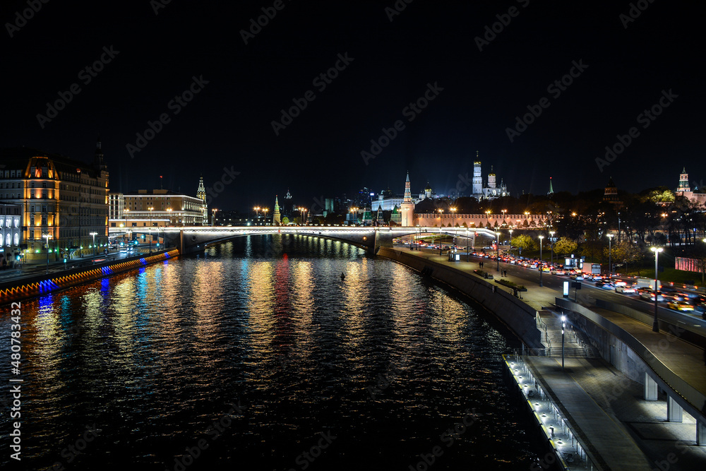 MOSCOW, RUSSIA - October 9, 2021: Beautiful night view from Zaryadye Park