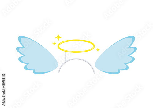Angel costume with wings, halo on headband isolated on white background. Cute angelic feather wings and gold nimbus photo props set. Flat design cartoon suit vector illustration.