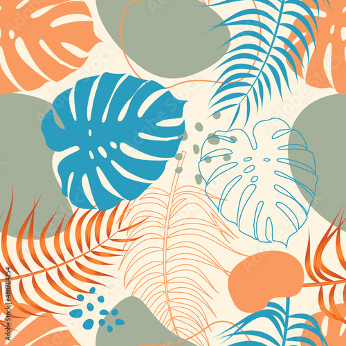 Abstract Floral seamless pattern with leaves. tropical background 