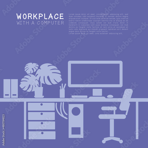 Computer Desk, workplace for office or freelancing, work at home. Simple vector silhouette in very peri color.