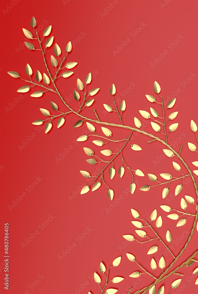 3d render gold plated tree branch and leaves with red background illustration