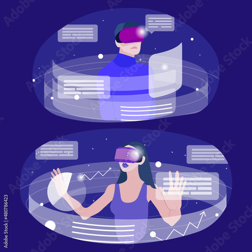 Set of illustrations with people in VR headset,  exploring digital interface and working with data. Concept of virtual or augmented reality, interactive experience. Modern flat vector illustration.