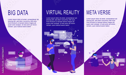 Collection of web banners with people in VR headset, working and communicate. Concept of virtual or augmented reality, interactive experience. Modern flat vector illustration.