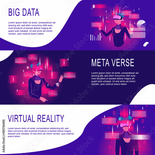 Collection of web banners with woman in VR headset exploring digital interface. Concept of virtual or augmented reality, interactive experience. Modern flat vector illustration.