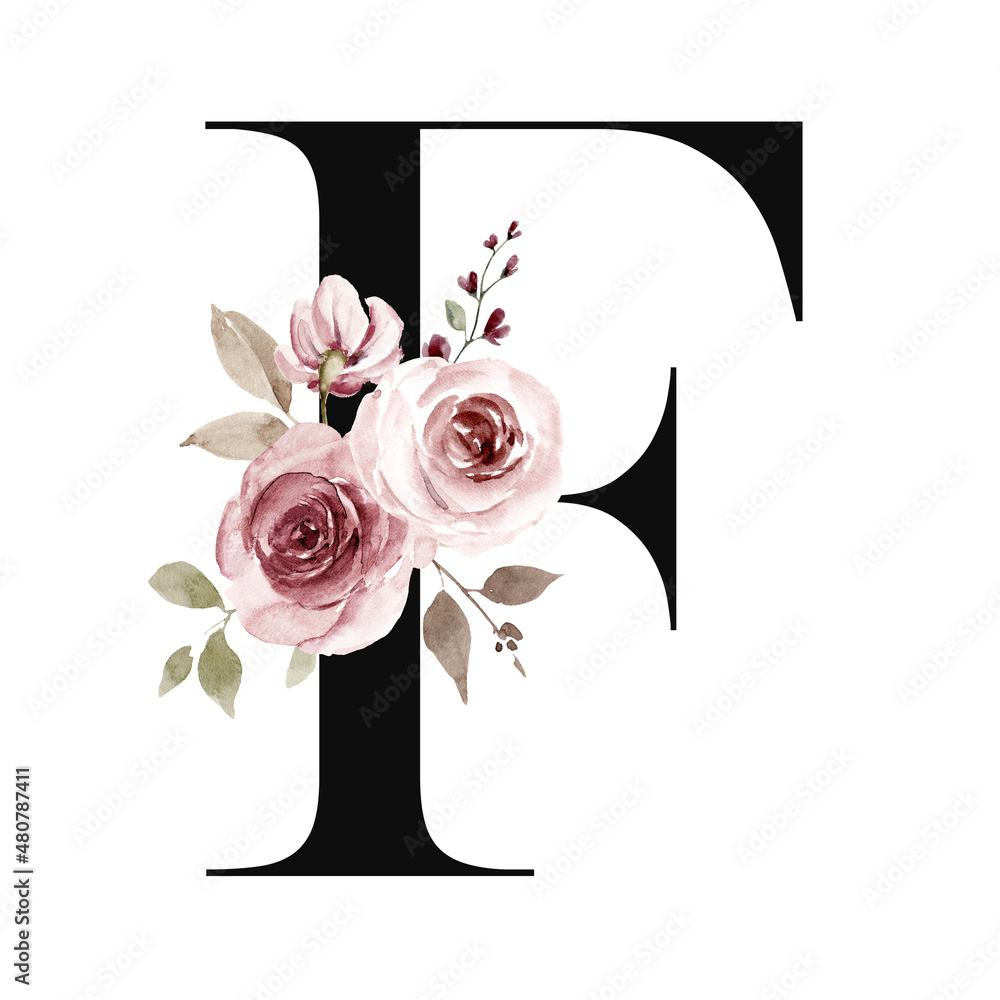 Floral alphabet, letter f with watercolor flowers and leaf. Monogram