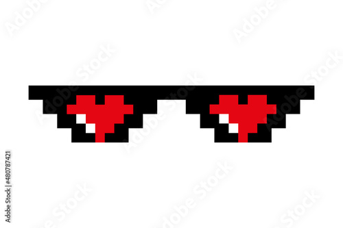Pixel glasses with hearts isolated on white