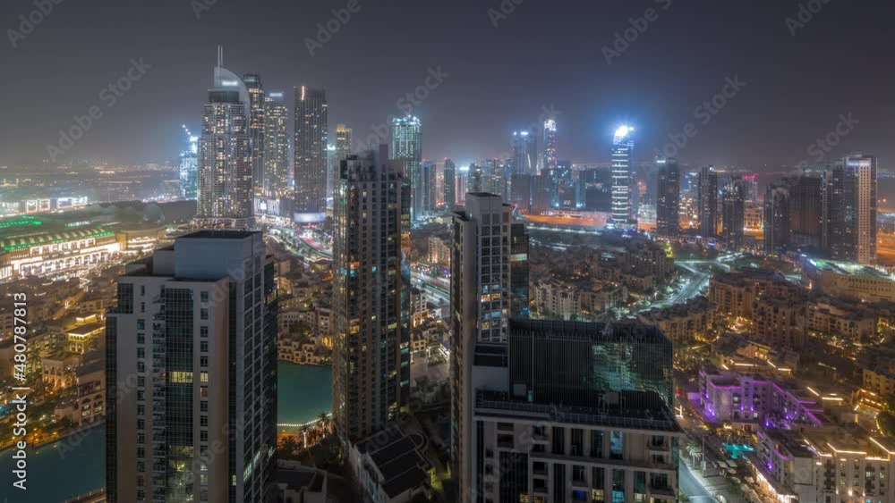 Aerial panoramic view of a big futuristic city all night timelapse. Business bay and Downtown Aerial panoramic view of a big futuristic city all night timelapse. Business bay and Downtown