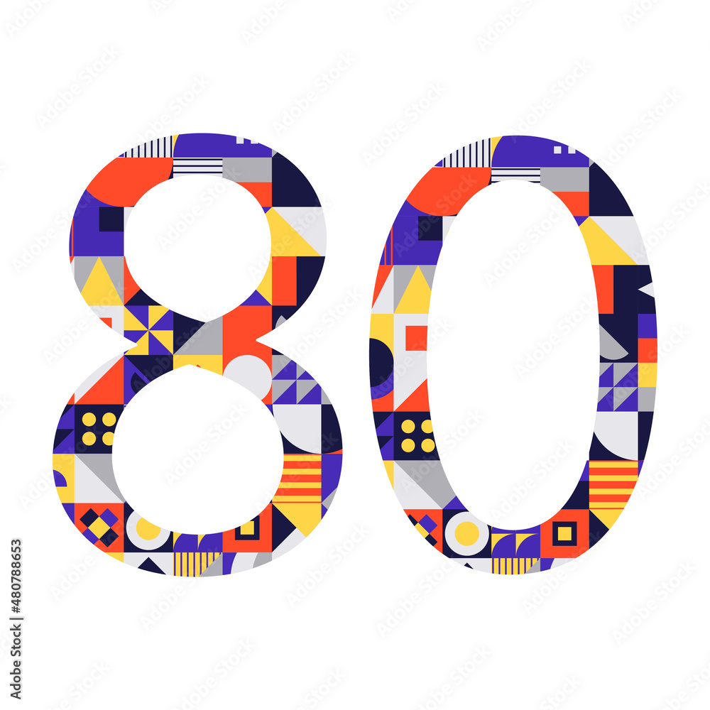Number 80 from multicolored geometric shapes isolated on white. Neo geo