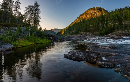 Otra river at sunset, Scandinavian landscape, Norway Bjornara Agder photo