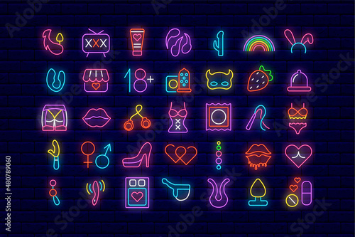 Sex shop neon icon collection. Adult toys. Intimate store. Sexy logotype design. Vector stock illustration