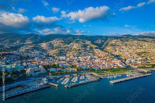 Photos Aerial drone view of Funchal city center and port panorama in Madeira island in the evening